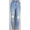 Personalidad de jeans rasgado Azul claro cintura alta